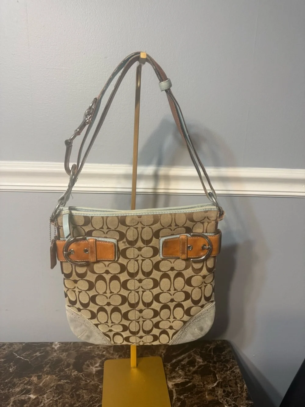 Coach Soho Signature Shoulder Bag Y2K 2006 Buckle Canvas Blue Trim